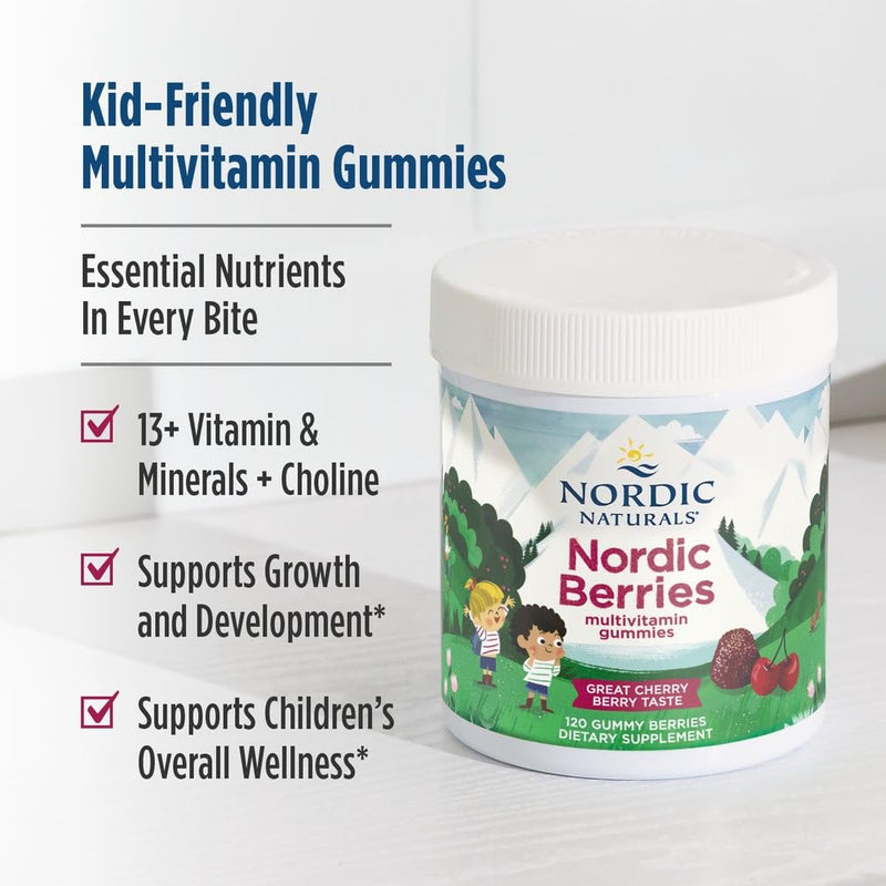 Nordic Naturals Nordic Berries Multivitamin, Kids Gummies - 120 Count | Delicious gummy berries make daily vitamins fun for kids 3+. Supports healthy growth & development. Non-GMO. 30 servings Cherry Berry 120 Count (Pack of 1)