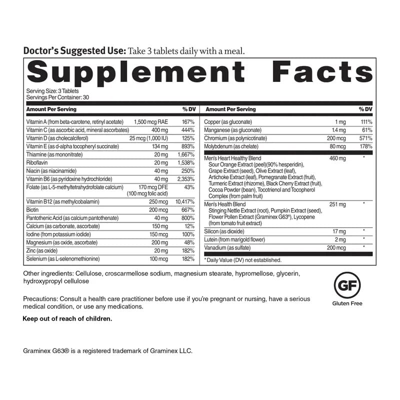 Dr. Sinatra Heart Healthy Multivitamin for Men with Vitamin D 1000 IU, A, B12, C, E, and Zinc, 90 Tablets (30-Day Supply) 90 Count (Pack of 1)