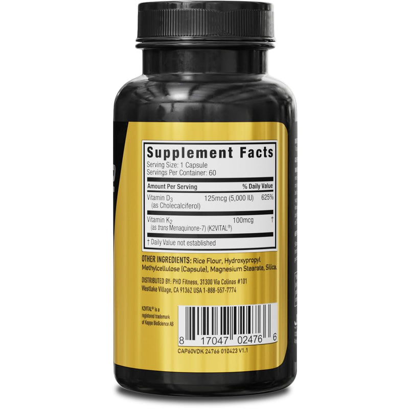 JYM D3 + K2 Supplement, 5000 IU Vitamin D3, 100 mcg K2 MK7-60 Veg Caps | Bone, Heart & Immune Health Support, Enhanced Calcium Absorption, Vitamin D3 & K2 as MK7, Men & Women 60 Count (Pack of 1)