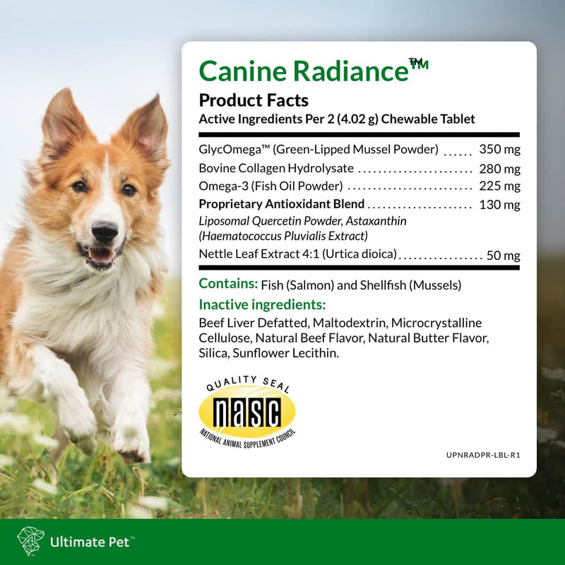 ULTIMATE PET NUTRITION Canine Radiance Skin Allergy Support Supplement for Dogs, Omega-3 Skin Hydration, Antioxidants to Prevent Itching and Strengthen Coat, 60 Chewable Tablets New Packaging - BeesActive Australia