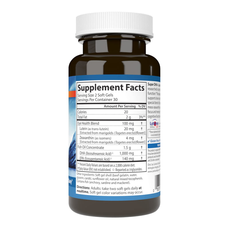 Carlson Super DHA Plus Lutein, 1000 mg, DHA, 20 mg Lutein, 60 Softgels | Lutemax 2020; Wild Caught; Sustainably Sourced