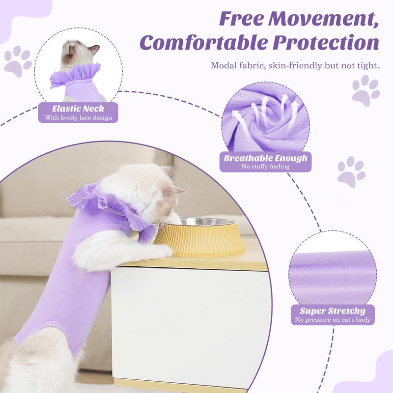VavoPaw Cat Bodysuit After Surgery for Female Cats, Breathable Cat Clothing for Surgical Recovery for Abdominal Wounds, Soft Fabric Kitten Suit E-Collar Alternative for Cats, M Purple - BeesActive Australia