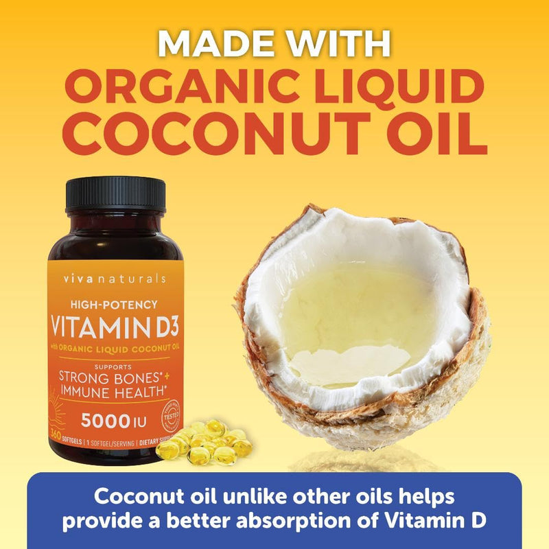 Viva Naturals D3 Vitamin 5000 IU Softgels (125 mcg), 360 Softgels - High Potency Vitamin D Supplements for Healthy Immune Function, Bones & Muscles - Made with Organic Liquid Coconut Oil - BeesActive Australia