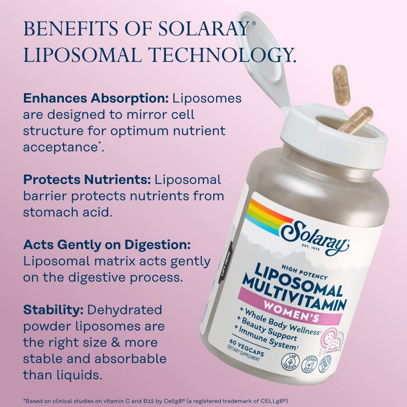 SOLARAY Liposomal Multivitamin Women, 60 VegCaps | Women's Daily Multivitamin, Enhanced Liposomal Absorption, Vitamins, Minerals, CoQ10 & Adaptogens, 30 Servings, Vegan 60 Count (Pack of 1)