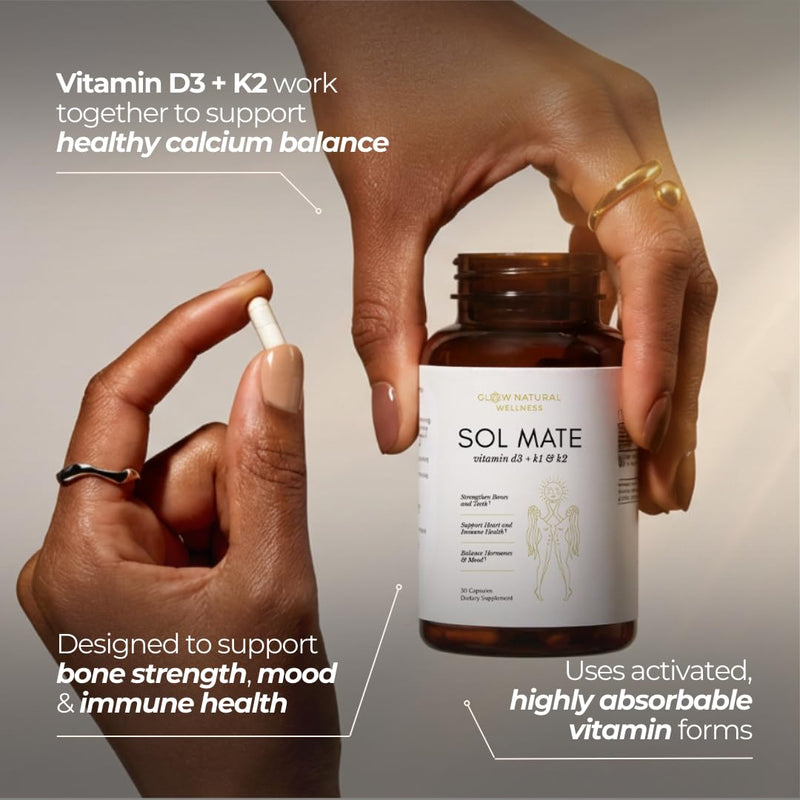 Glow Natural Wellness Sol Mate - Vitamin D3 & K2 Supplement for Women, Vitamins K1 & K2 + D3 Daily Capsules, 30 Count