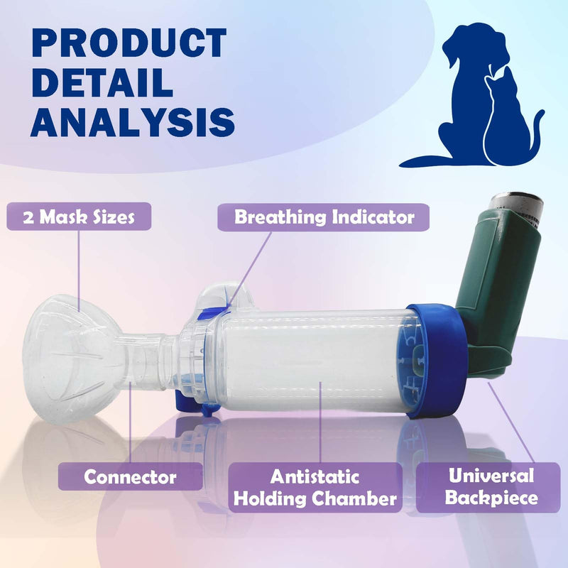 Pet Inhaler Spacer with 2-Sized Masks for Cats and Dogs, Aerosol Chamber with Breathing Flow Indicator, Compatible with Any MDI
