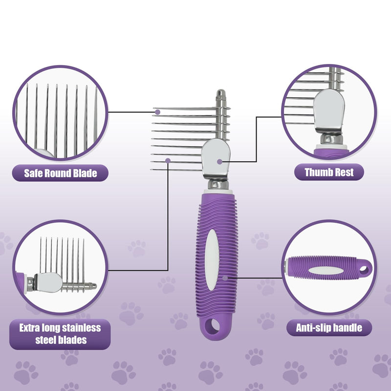 Detangling Pet Comb for Dog & Cat, Grooming Comb with Long & Short Stainless Steel Teeth, Safely Remove Knots & Tangles for Healthy Shiny Coat, Gentle Effective Detangling Tool for Pet Hair (Violet) Violet - BeesActive Australia