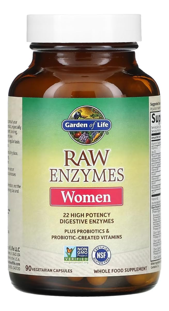 Garden of Life 22 Digestive Enzymes for Women with Bromelain, Papain, Lipase & Lactase plus Probiotics & Vitamins B12, Biotin & Zinc – RAW Enzymes – Non-GMO, Gluten-Free, Vegetarian, 90 capsules