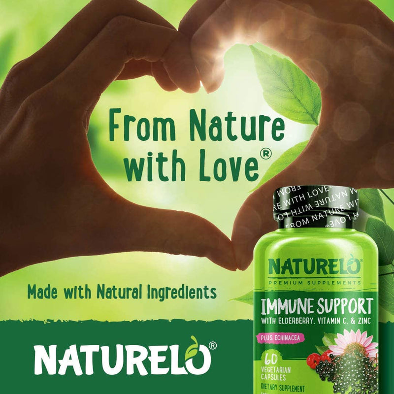 NATURELO Immune Support Supplement, Elderberry Vitamin C, 60 Vegan Capsules | Echinacea capsules with zinc, Immune Health, Natural Immunity Boost w/Antioxidant, Herbal & Mineral Defense