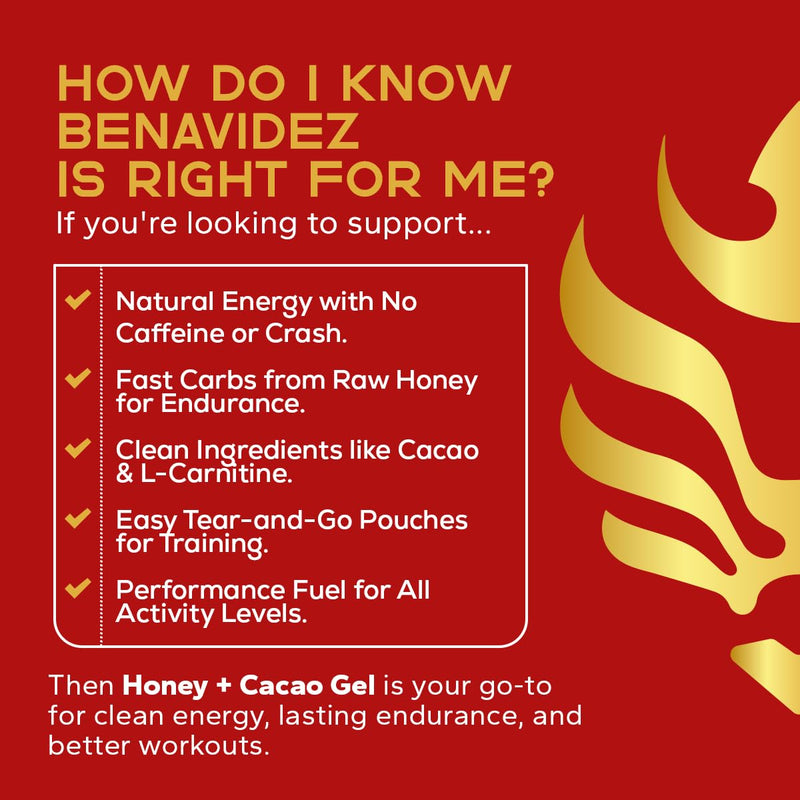 Benavidez Energizing Honey + Cacao Gel - 12 × 15 g Single-Serve Pouches | Raw Honey & 3.6 g Cacao with L-Carnitine, Taurine, B-Vitamins | Natural Endurance Fuel | Caffeine Free