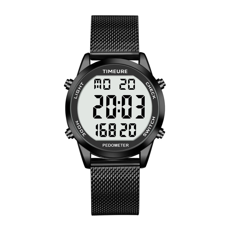 Men's Pedometer Watch with Stainless Steel Bracelet,Step Counter Watch No App, No Charging Needed for Ourdoor Walking, Calorie, Distance, Alarm, Countdown Timer Watch TU-2306B TIMEURE BLACK - BeesActive Australia