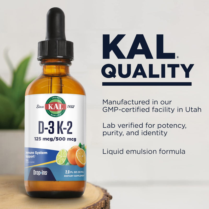 KAL D3 K2 DropIns 125/500 mcg, Natural Citrus Flavor, 2 fl oz | Bone, Teeth, Heart & Immune Support - Liquid Vitamin D3 & K2 - Approximately 59 Servings - Lab Verified