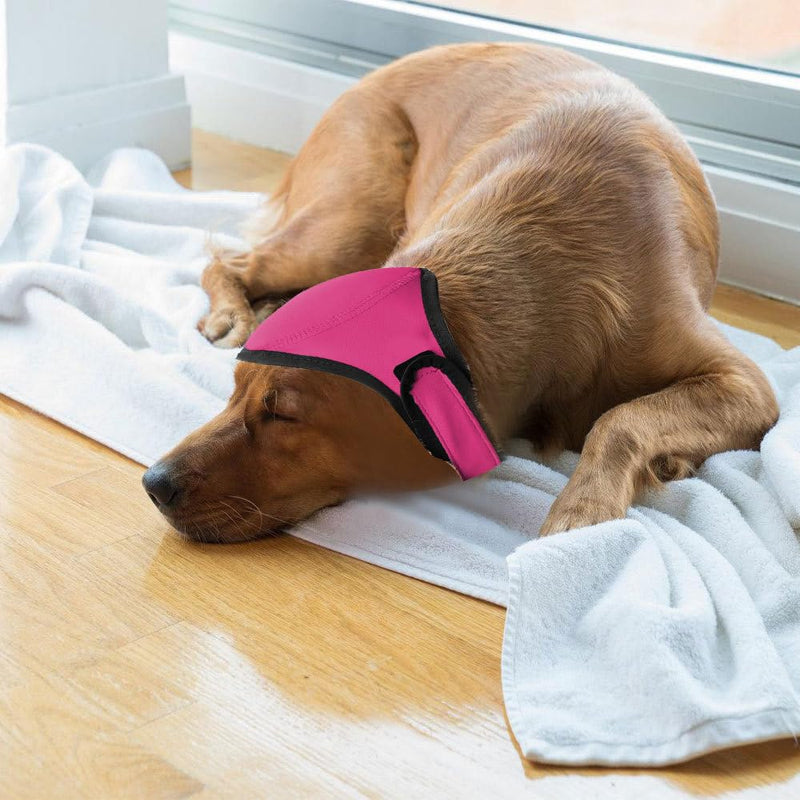 Dog Ear Defender, Waterproof Adjustable Dogs Head Cover Noise Cancelling Windproof Pet Calming Hood for Summer Bathing Water Play Protection Rose Red S