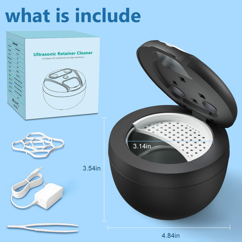 Dental Ultrasonic Retainer Cleaner Machine - Dental Cleaning Pod for Denture, Mouth Guard, Aligner, Night Guard, Braces, Toothbrush Heads, Jewelry, 45kHz Sonic Cleaner with Digital Timer & 200ML Black