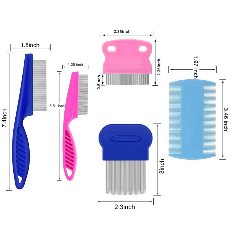 5 Pack Flea Lice Comb,Stainless Steel Dog Cat Grooming Combs with Rounded Teeth,Double Sided Professional Pet Tear Stain Remover,Dematting Tool for Small, Ideal for all pet Blue,Pink - BeesActive Australia