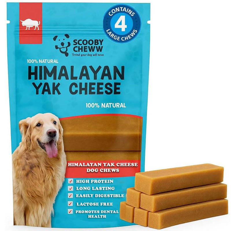 4 Count Large 100% Natural Yak Cheese for Dog Chews, Dog Treats All Breeds, High Protien, Yak Sticks | Grain & Lactose Free Dental Cleaning Long Lasting Chews for Dogs 4 Large Chews