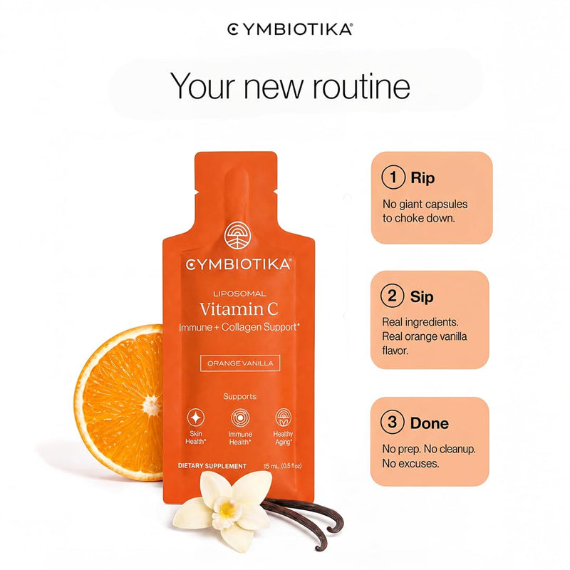 CYMBIOTIKA Liposomal Vitamin C 1000mg with Biotin for Skin | Bioavailable vitamin C & biotin for immunity, collagen & healthy aging. Enhanced absorption. Orange Vanilla, 28 pouches.