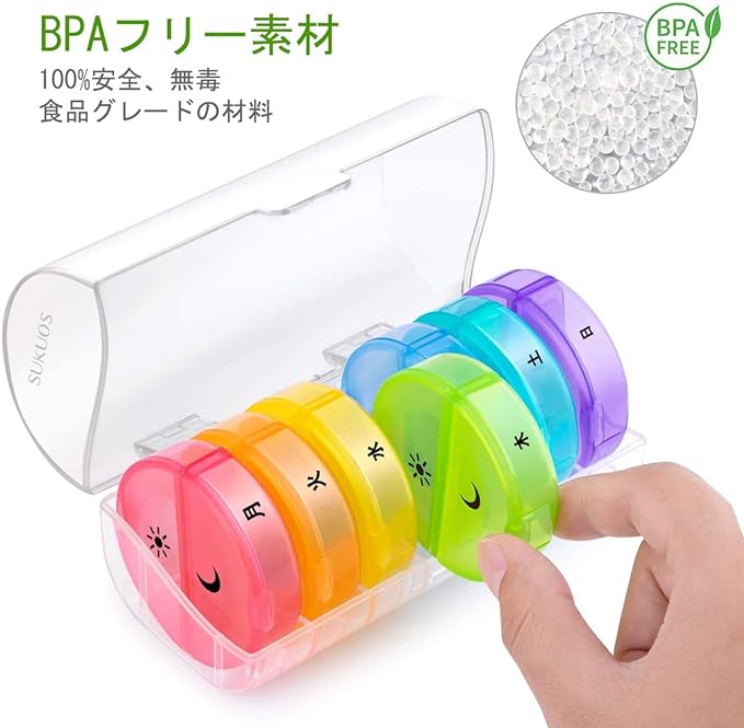 Sukuos Pill Case, Medicine Case, 1 Week, 2 Times a Day, Divided into Morning, Noon, and Night, Prevents Forgetting to Drink Supplement Case, Compact, Portable, Japanese Printed (Transparent) - BeesActive Australia