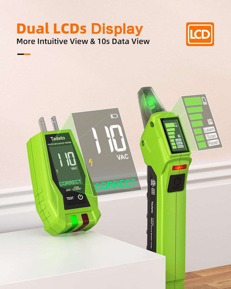 Tadeto Circuit Breaker Finder with Outlet Tester, Quick GFCI, Voltage, AC 90-135V Electrical Circuit Tracer with Dual LCD Display, Batteries and Carrying Case