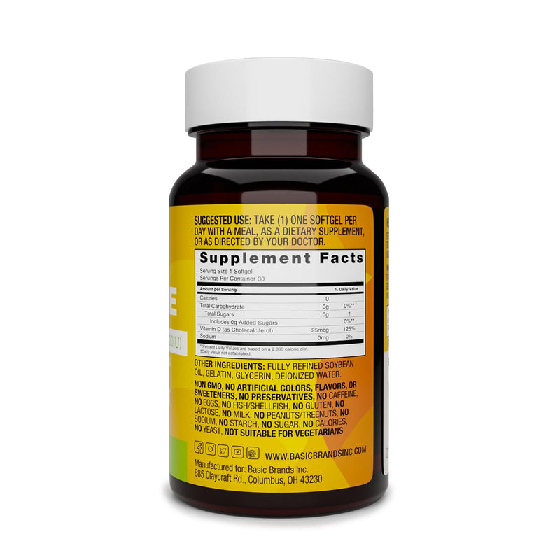 Basic Brands Happy Sunshine Vitamin D3 2000IU, 30 Count | Vitamin D3 (Cholecalciferol, 2000 IU / 50mcg), Daily softgel Supplement