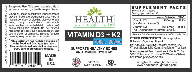 Health As It Ought To Be D3 + K2 | D3 7500 IU + K2 200mcg | 60 Capsules | Paired nutrients support bone strength, cardiovascular wellness, immune function, calcium utilization and healthy aging Vitamin D3 7500 Iu + K2 200 Mcg - 60 Capsules