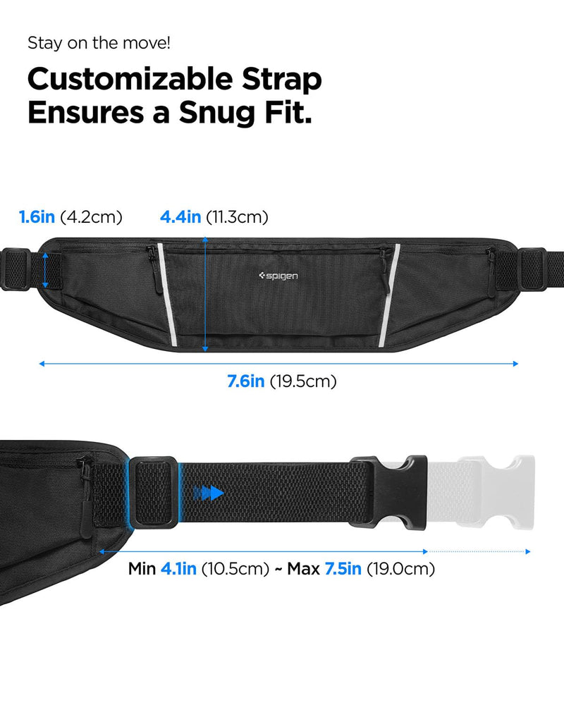 Spigen Life A710 Dynamic Shield Slim Running Adjustable Waist Belt Fanny Pack for Men & Women, Phone Holder, Lightweight, Water Resistant, Reflective, Bounce-free for Running, Jogging, Sports - Black