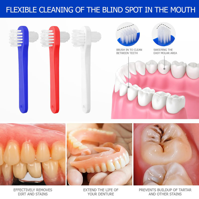 3Pcs Denture Brush Double Heads Toothbrush Multi Layered Hard Hygiene Denture Cleaner T-Shape False Teeth Cleaning Tool (Red,White,Blue) - BeesActive Australia