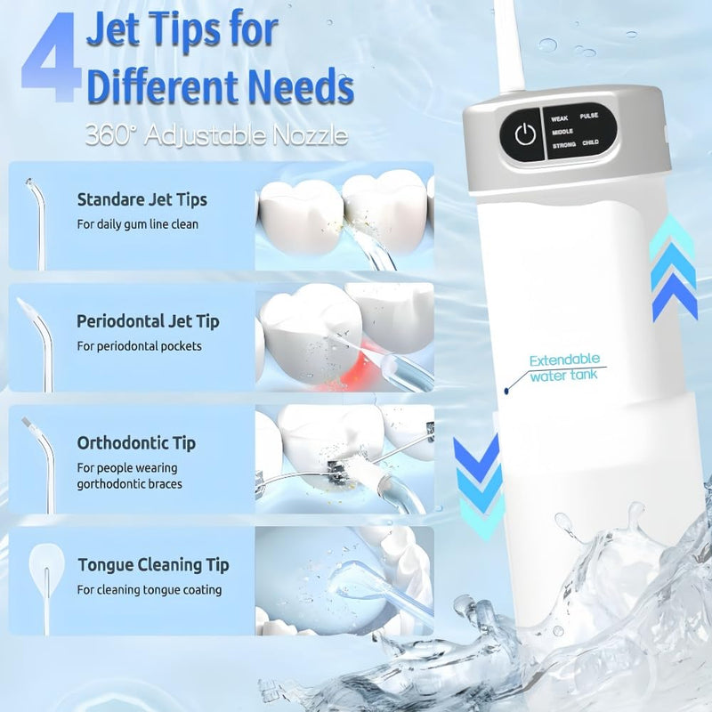 OFATRYLA Water Dental Flosser for Teeth,Cordless Portable Oral Irrigator with 300ML Telescopic Water Tank,5 Modes IPX7 Waterproof Travel Rechargeable Flossing Cleaning Picks for Brace,Gums White