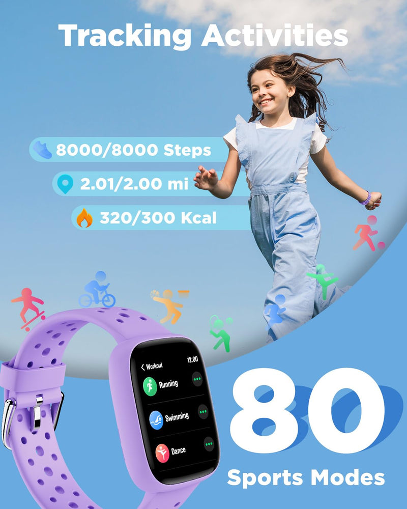 BIGGERFIVE Kids Smart Watch No Phone Needed, 1.8" Fitness Tracker Watch Lilac