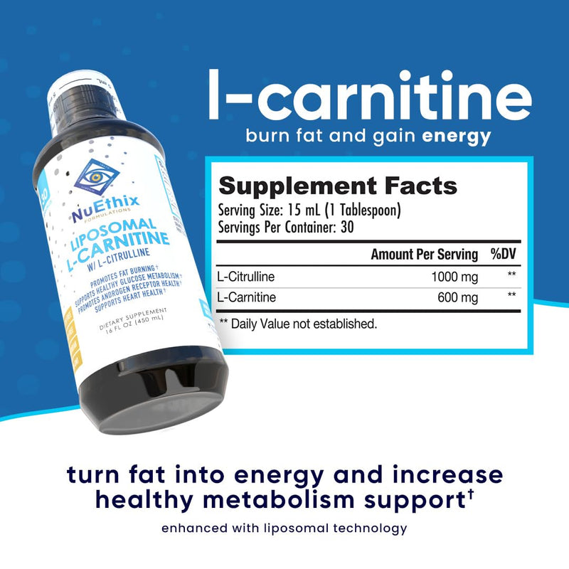 NuEthix Formulations Lipsomal L-Carnitine Supplement 600mg with L-Citrulline 1000mg for Healthy Weight Management, Fat Metabolism, Energy Production and Increased Blood Flow, for Men & Women