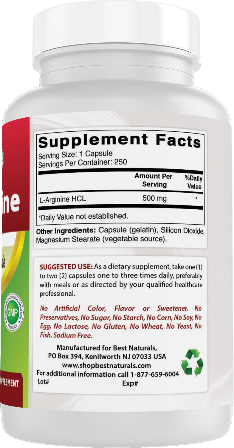 Best Naturals L-Arginine 500mg 250 Capsules - Pharmaceutical Grade L Arginine supplement promotes nitric oxide synthesis 250 Count (Pack of 1)