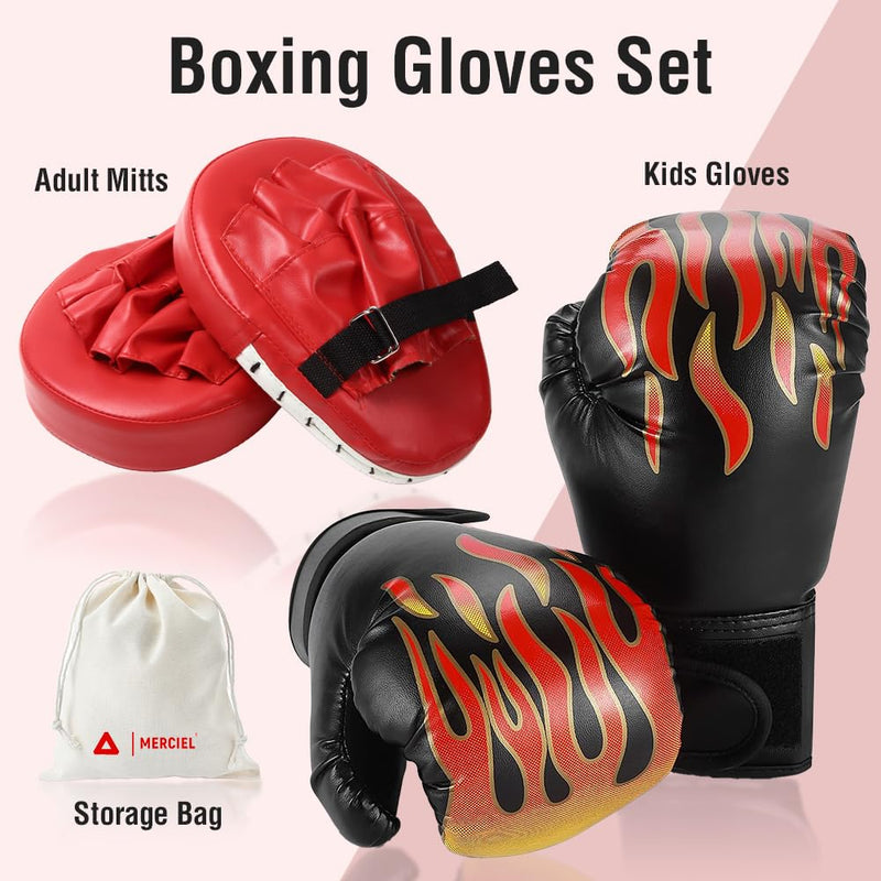 MERCIEL Boxing Gloves and Mitts Set Lightweight Kids Boxing Gloves & Adult Punching Mitts, Includes Storage Bag, One Size Fits Most Black