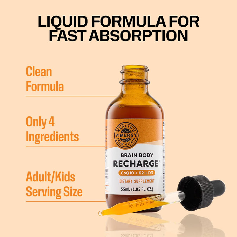 VIMERGY Brain Body Recharge* - W/Vitamin D3, K2 & CoQ10 – Boosts Cellular Energy – Fortifies Blood Vessels and Bones – Defends Against Free radicals – Vegan and Gluten Free – 55mL | Supports Cellular Energy*, Fortifies Blood Vessels and Bones*, Defends...