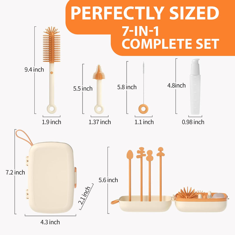 Travel Bottle Cleaner kit, 7in1 Baby Travel Essential Silicone Travel Bottle Brush Set, Nipple, Drying Rack, Straw, & Breast Pump Cleaning, Soap Dispenser & Organizer Case, Gift for Mom (White) White - BeesActive Australia