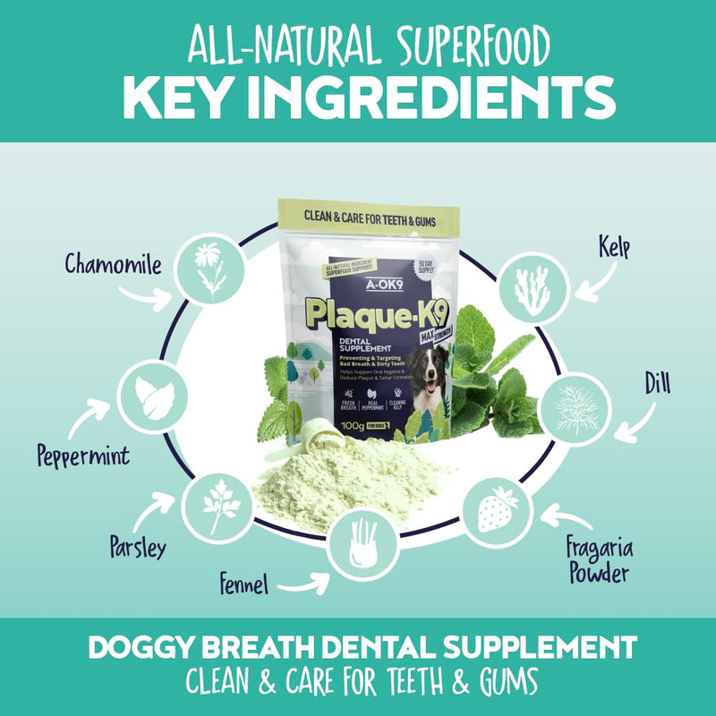 Plaque-K9 | Dental Care Supplement for Dogs | Removes Plaque, Bad Breath & Tartar | Support Oral Hygiene | Natural Ingredients & Superfoods | Mix with Dog or Puppy Food | Absolute Dogs 1 pouch