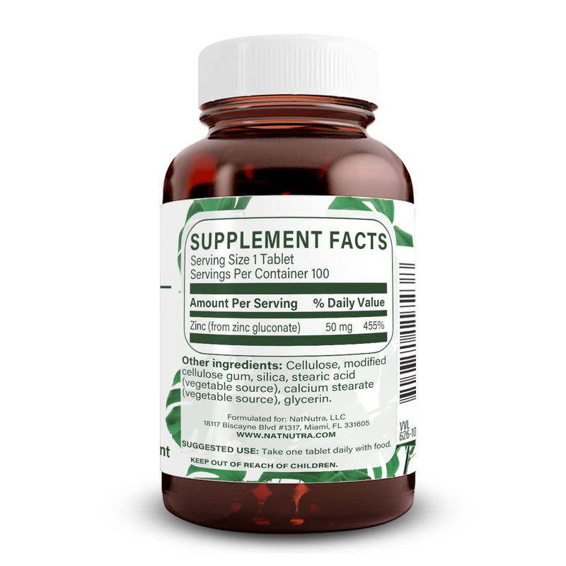 Natural Nutra Zinc Gluconate 50mg Supplement for Immune Support, Promotes Skin Health, Provides Ease From Flu & Cold, Boost Learning & Memory, Enhance Taste & Smell, Gluten Free 50mg 100 Vegan Tablets 100 Count (Pack of 1)