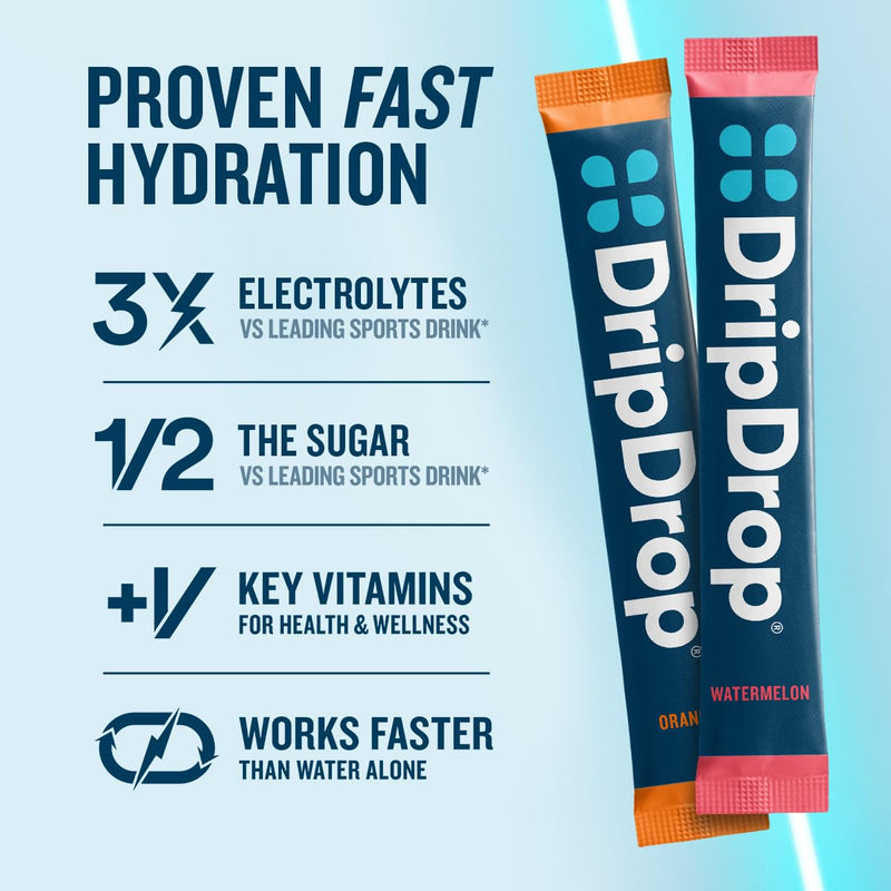 DripDrop Hydration Watermelon Orange Bundle, Electrolyte Packets, 64 Count | Watermelon, Orange; 3X Electrolytes; Potassium, Magnesium, Zinc, Vitamin C; Single Serve; Daily Use, Workouts, Travel