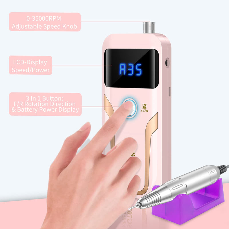 MOCOWIND Portable Nail Drill Professional 35000 RPM, Rechargeable Electric Nail File Machine Cordless E-File for Acrylic Gel Polishing Removing with Bits Kit for Manicure Salon Home, Pink - BeesActive Australia