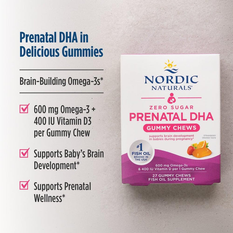 Nordic Naturals Zero Sugar DHA Prenatal Gummies + Vitamin D3-27 Count | Prenatal Gummies with Omega-3 DHA & Vitamin D3 - Supports Baby's Brain & Mom's Health During Pregnancy & Nursing 27 Count (Pack of 1)