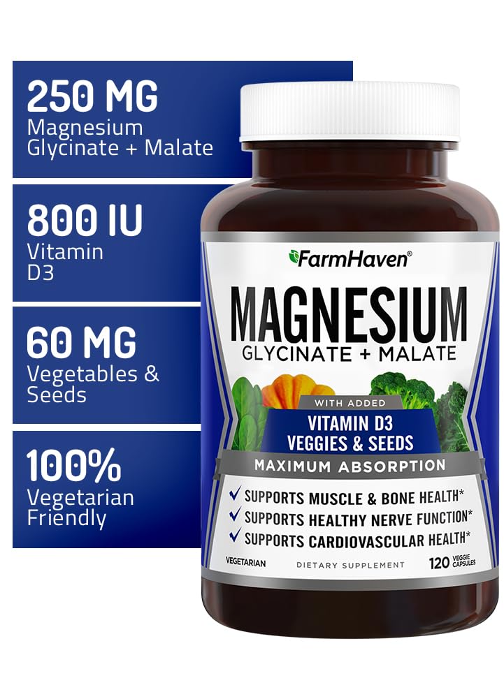 FarmHaven Magnesium Complex, Glycinate/Malate & Vitamin D3, 120 Capsules | Bone Health Support, Muscle & Nerve Function, Chelated Magnesium Complex with Vitamin D3, Vegetarian, 60 Day Supply 120 Count (Pack of 1)