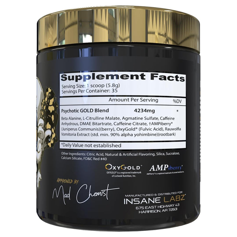Insane Labz Psychotic Gold, High Stimulant Pre Workout Powder, Extreme Lasting Energy Focus, Pumps and Endurance with Beta Alanine, DMAE Bitartrate, NO Booster (35 Servings, Watermelon) 7.1 Ounce (Pack of 1)
