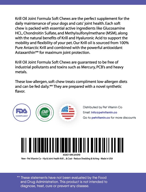 Hip & Joint Health Krill Oil Soft Chews for Dogs & Cats - Rich in Omega 3, 6 & Antioxidants - Benefits Hip & Joints, Skin & Coat - Reduce Shedding & Itching - Made in USA - BeesActive Australia