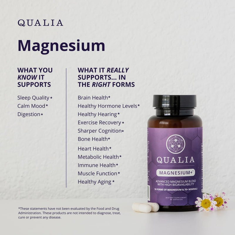 Qualia Magnesium Supplement with Glycinate, 10 Forms and 70+ Minerals | Magnesium complex for women & men with citrate & taurate, for sleep & muscle recovery; clinically studied, high absorption 56 Count (Pack of 1)