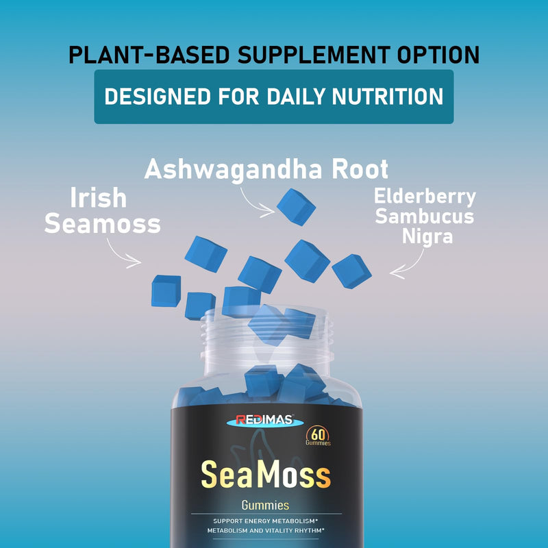 Sea Moss Gummies with Ashwagandha Root – Blueberry Flavor, 60 Count | Irish Seamoss Gummies Daily Wellness, Plant-Based Vegan Chewable Nutritional Supplement, Easy To Take