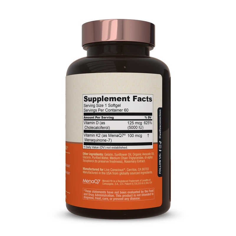Live Conscious Vitamin K2 MK7 with D3 Supplement | Bone & Heart Health Support - Patented Vitamin K & Vitamin D3 5000 IU (2-Pack) 60 Count (Pack of 2)