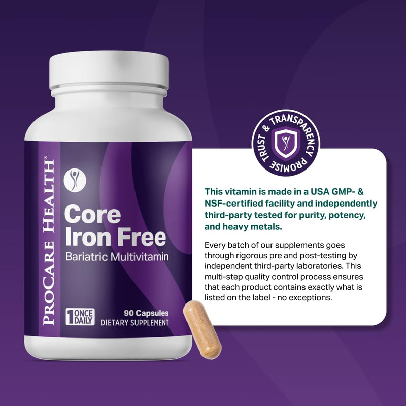 Core Iron Free Bariatric Multivitamin | Capsule | 30ct | Bariatric Vitamins for Gastric Sleeve & Gastric Bypass, Bariatric Multivitamin Without Iron, Fast Dissolving Veggie Capsules