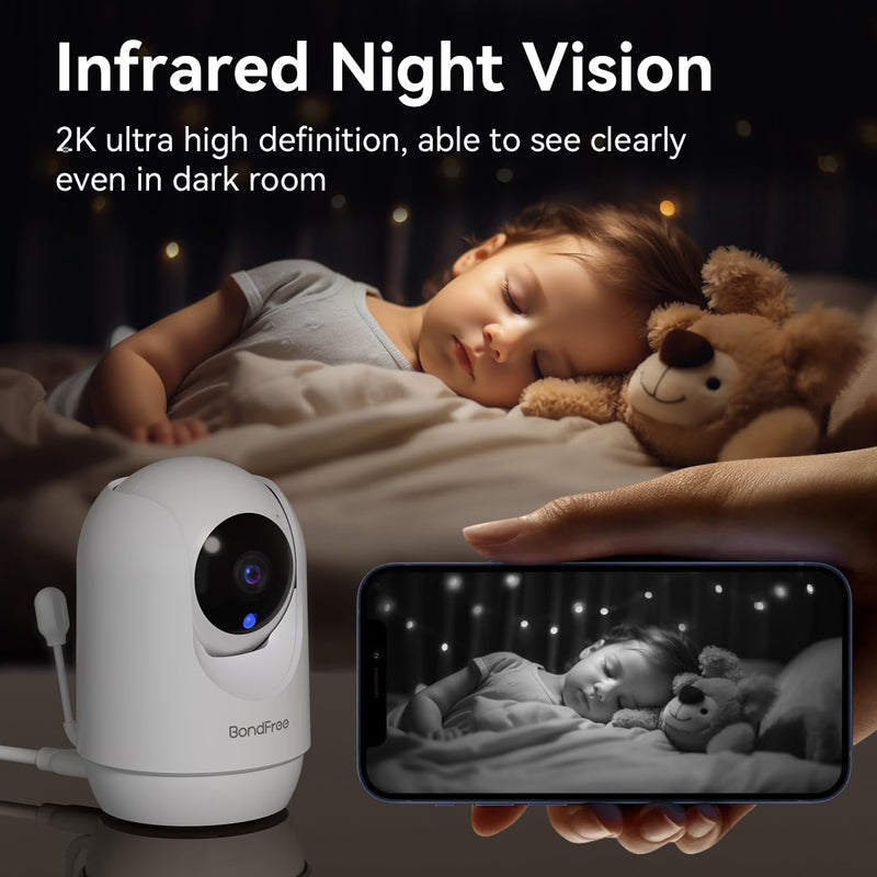 BondFree Baby Monitor with Camera and Audio, 2K Smart Baby Monitor with App,Temperature& Humidity,2-Way Talk,Night Vision,14 Lullabies,Cry & Motion Detection,4X Zoom-2.4Ghz WIFI Baby Monitor - BeesActive Australia