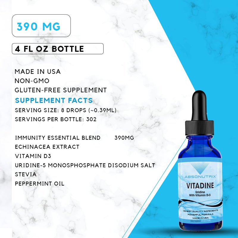 Vitadine, 343 mg, 4 FL OZ Liquid, 302 Servings, Made in USA, Plant-Based Ingredients, Echinacea Extract, Vitamin D3, Gluten-Free
