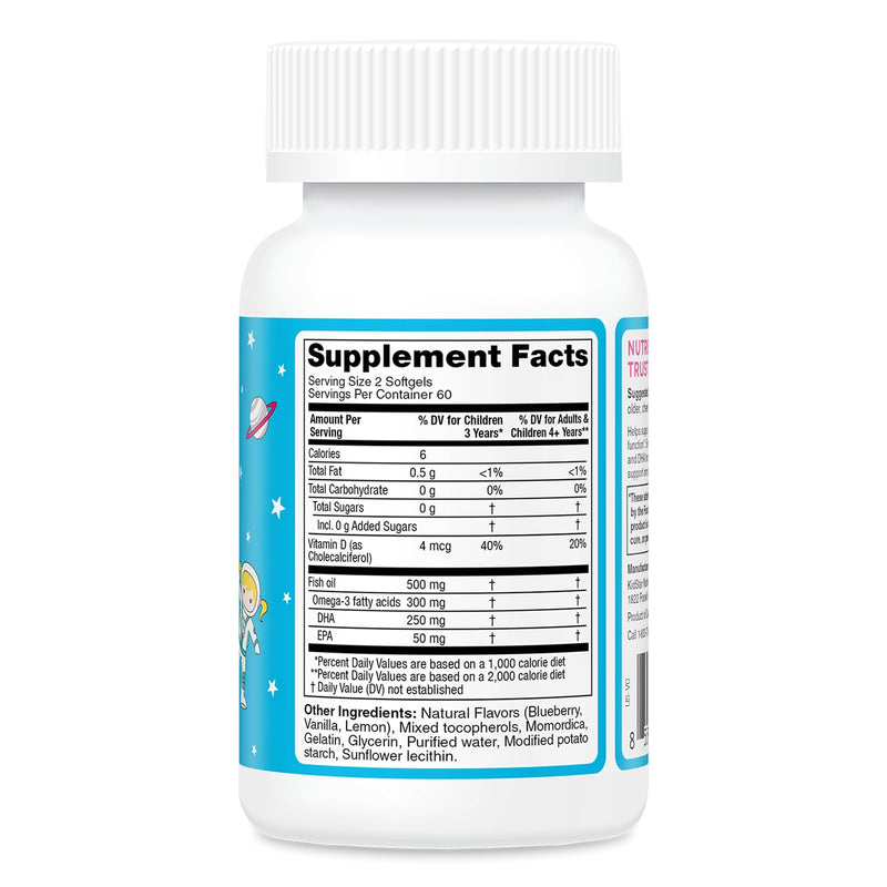 KidStar Nutrients Omega 3 with Vitamin D3, High-DHA, Lemon Blueberry, 120 Chewable Softgels