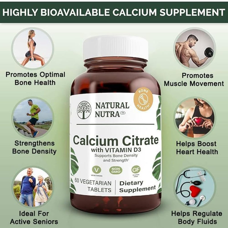 Natural Nutra Calcium Citrate with Vitamin D3 60 Tablets | Supplement for Bone Strength, Promotes Muscle Movements & Bone Health, Boosts Heart Health, Ideal for Active Seniors 60 Count (Pack of 1)